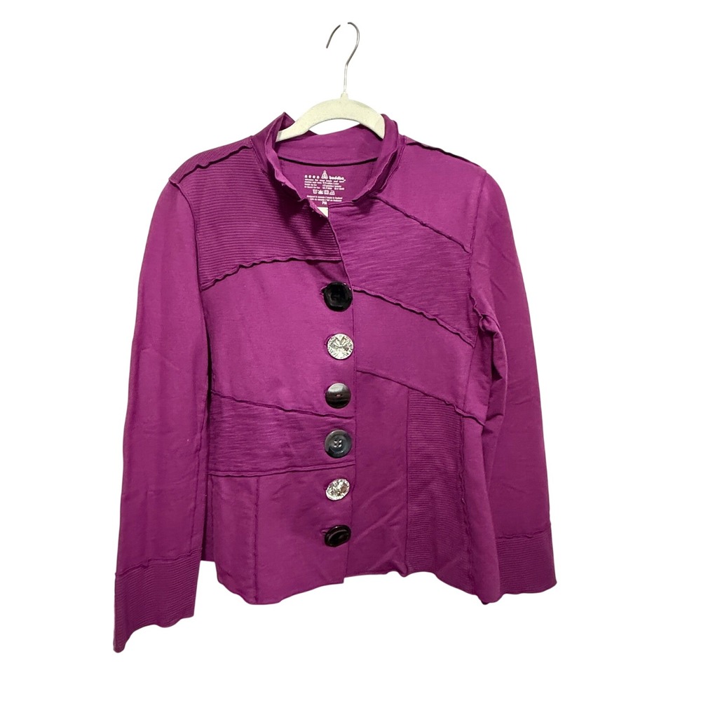 Neon Buddha Womens PM Petite Medium Purple Textured Button Front Jacket Cotton